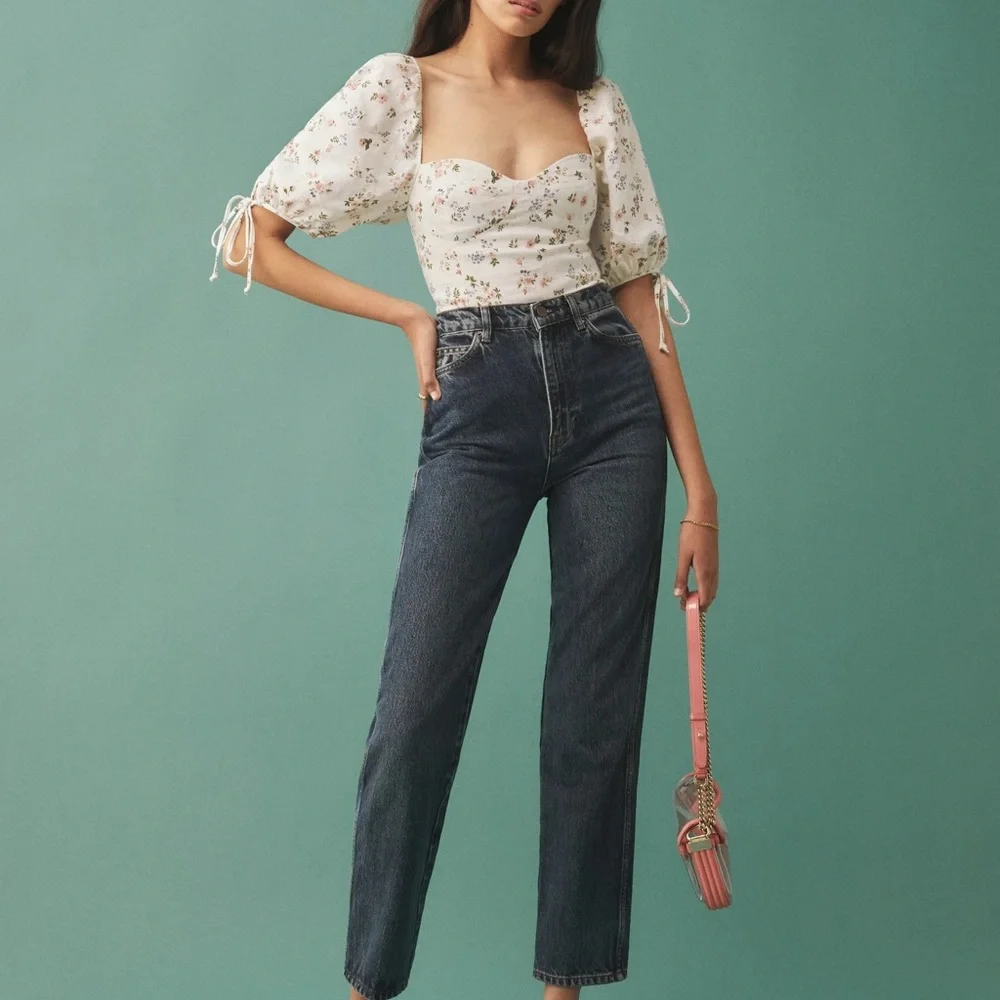 Reformation White Floral Puff Sleeve Sweetheart Top